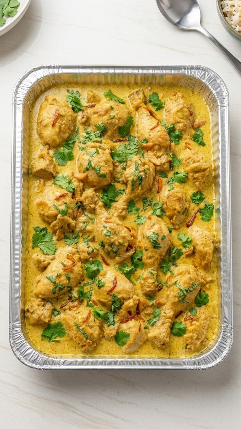 Chicken korma in an aluminum catering tray