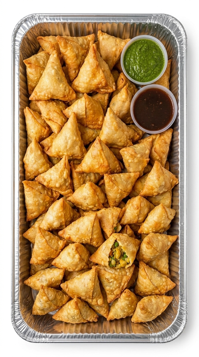 Vegetable samosas in an aluminum catering tray with chutneys