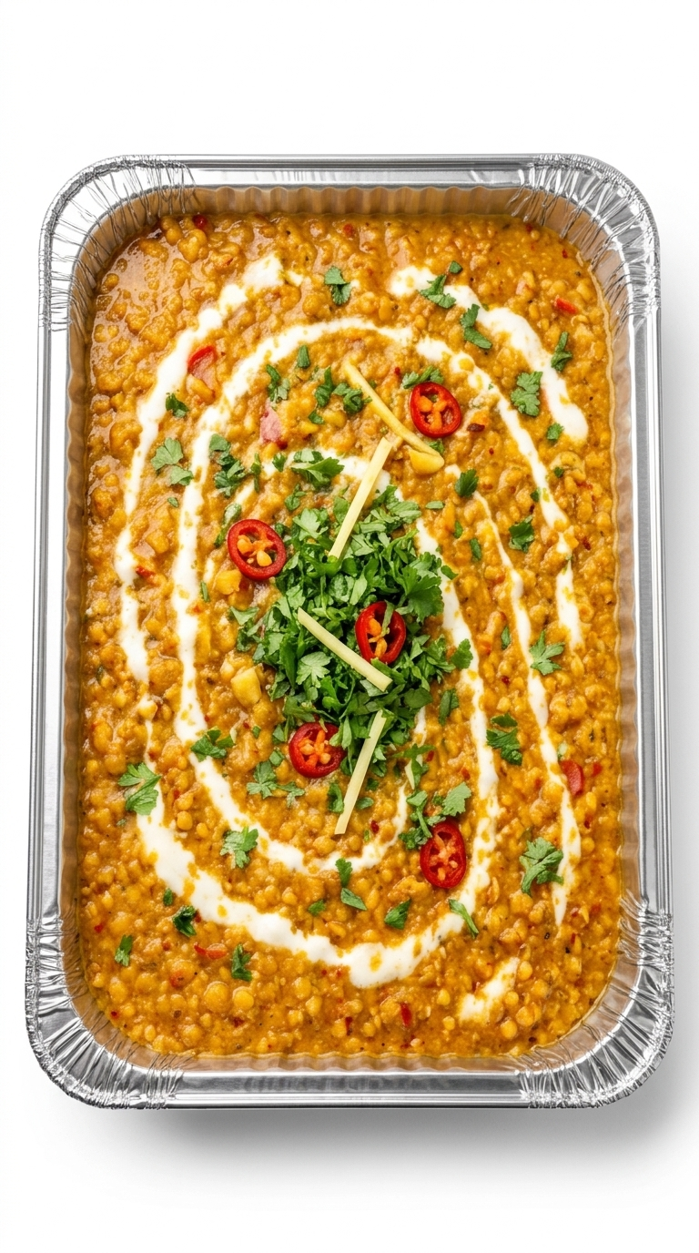 Dal makhani in an aluminum catering tray