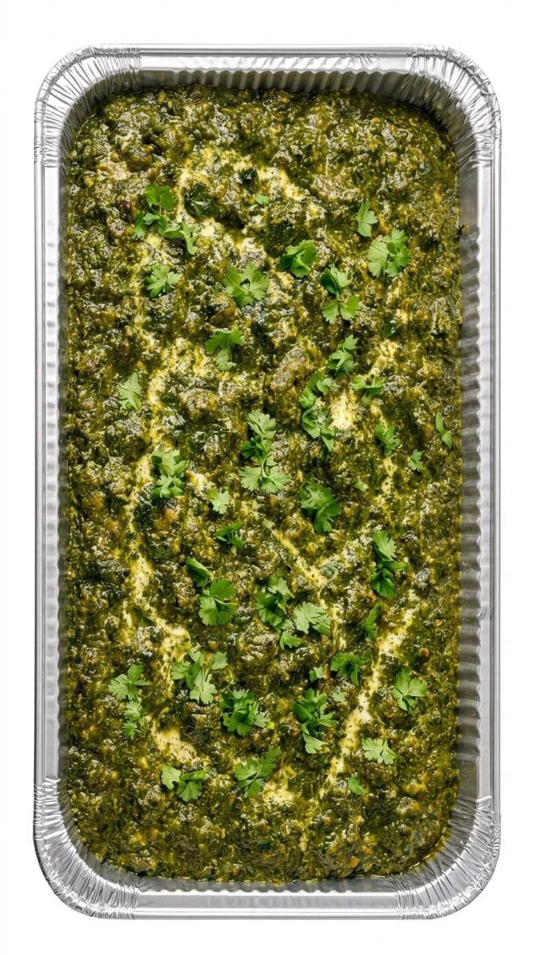 Saag paneer in an aluminum catering tray