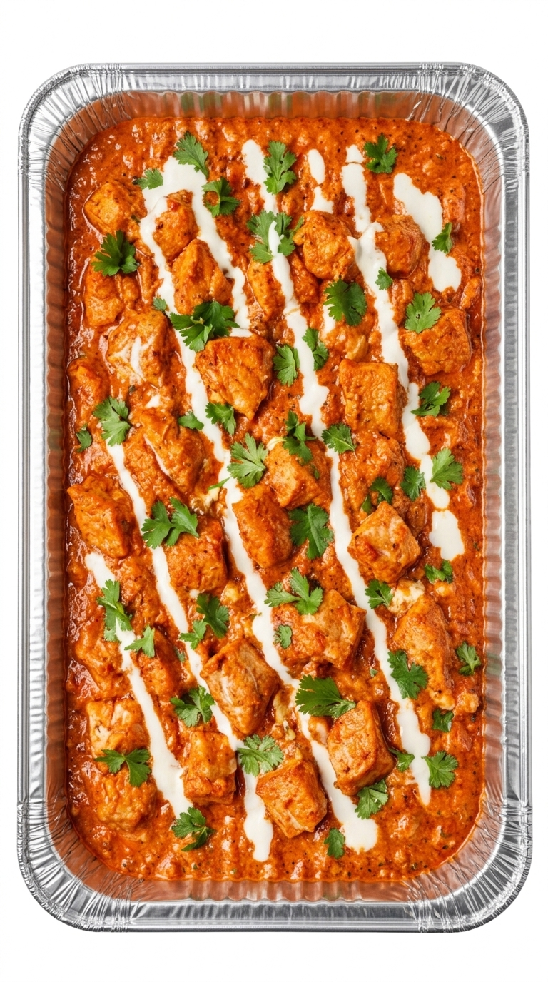 Chicken tikka masala in an aluminum catering tray