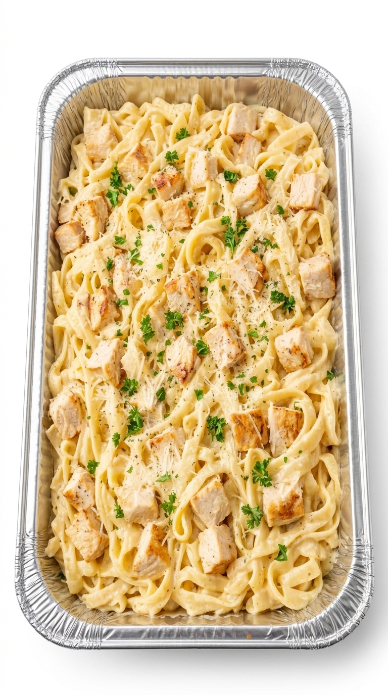 Chicken alfredo pasta in an aluminum catering tray