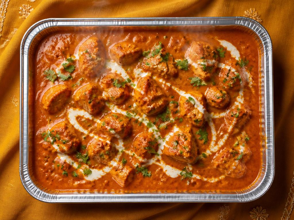 Indian curry in a large aluminum catering tray